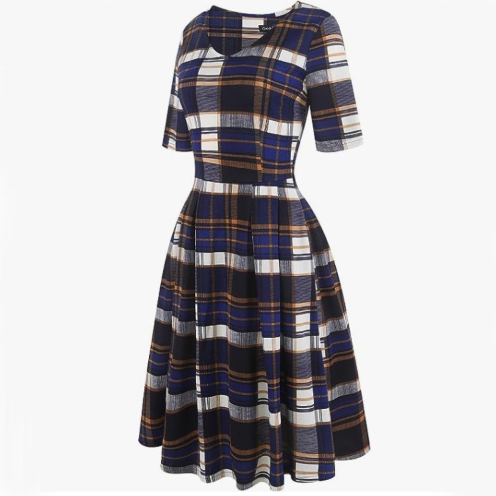 Oxiuly | Plaid Swing V-Neck 3/4 Sleeve Dress | Medium